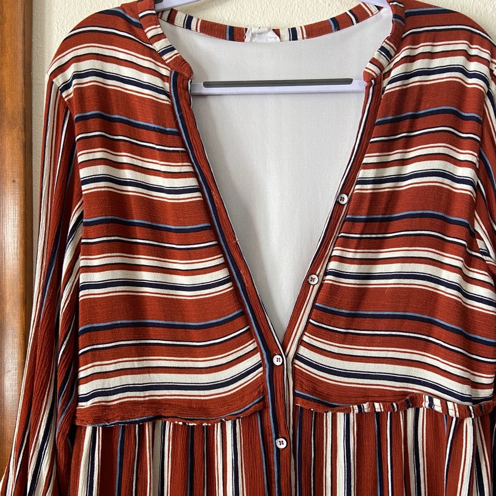 Blue Brown and White Striped Emberly Dress with three quarter sleeves